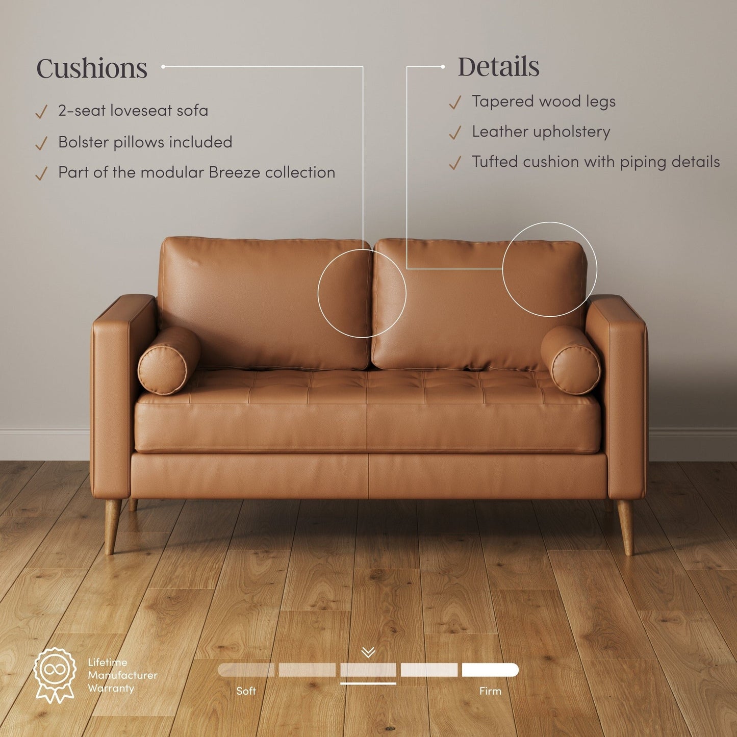 Breeze Mid Century Modern Sofa, Leather Couch with Tufted Cushion and Solid Wood Frame