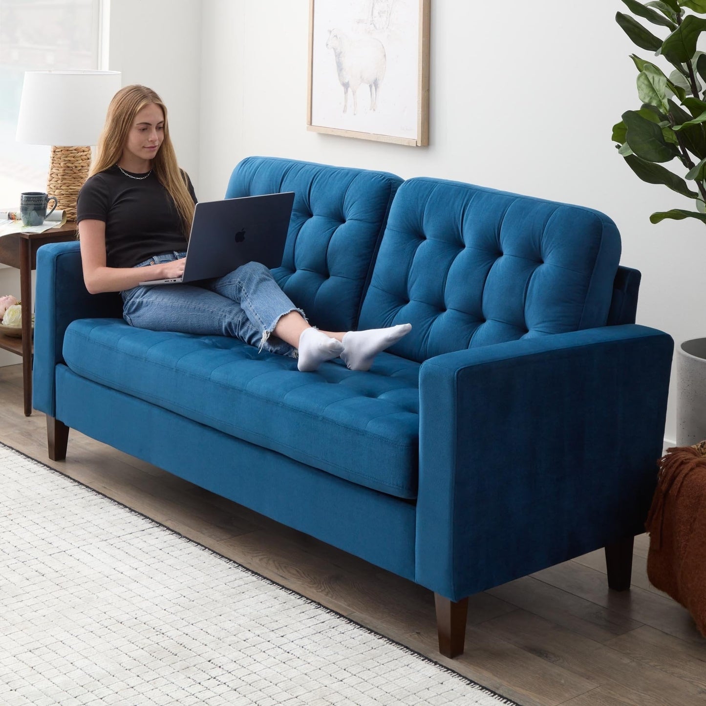 Brookside Brynn 76-in. Square-arm Faux Leather/Velvet/Fabric Sofa