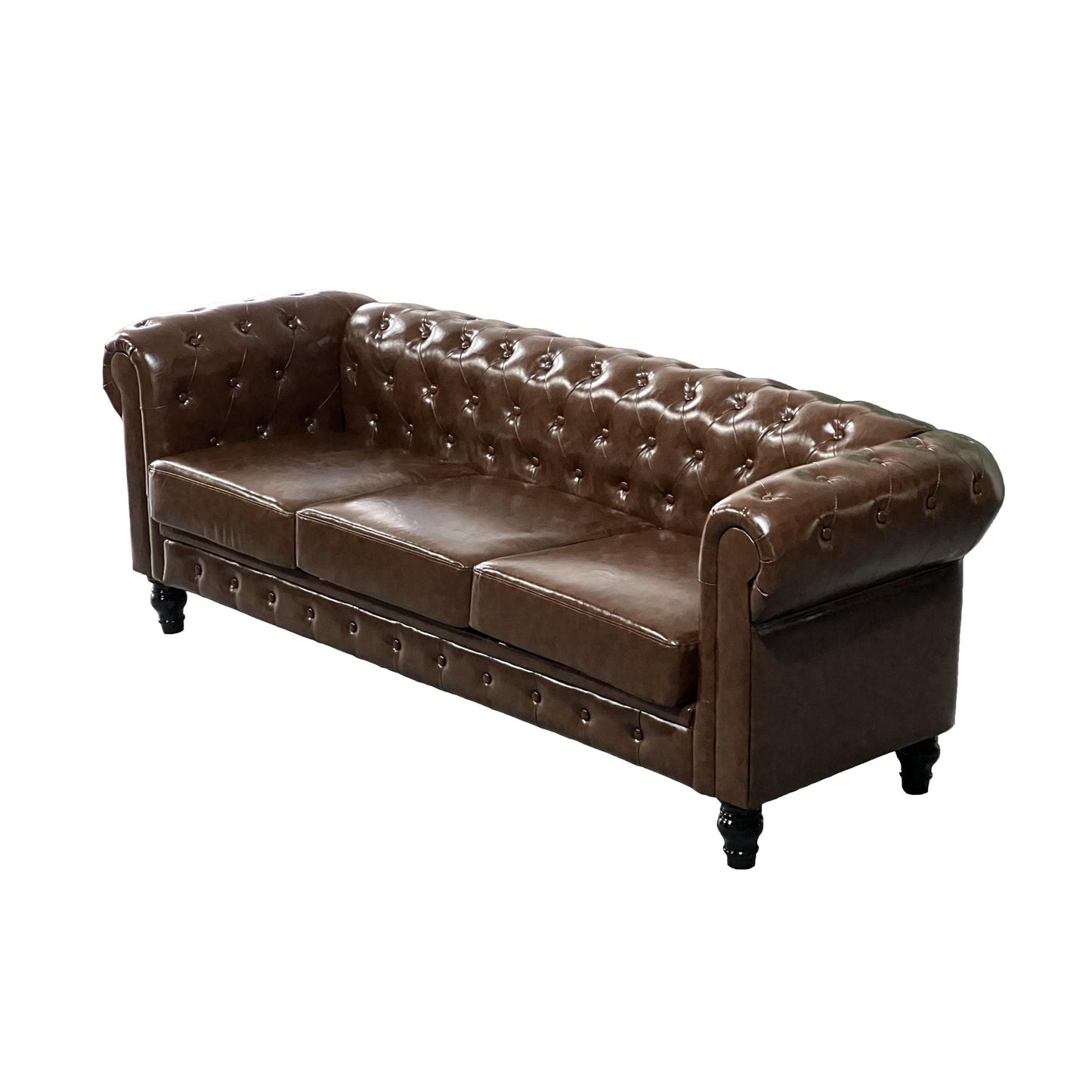 Button Tufted 3-seat Sofa Chesterfield Loveseat Leather Sofa for Living Room, Rolled Arms Couch with 4 Gourd Shaped Legs, Brown