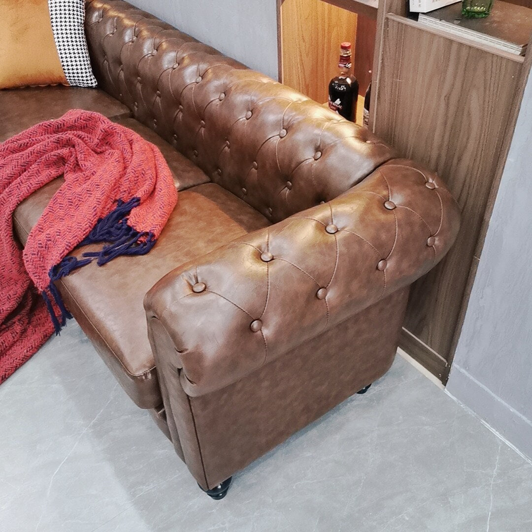 Button Tufted 3-seat Sofa Chesterfield Loveseat Leather Sofa for Living Room, Rolled Arms Couch with 4 Gourd Shaped Legs, Brown