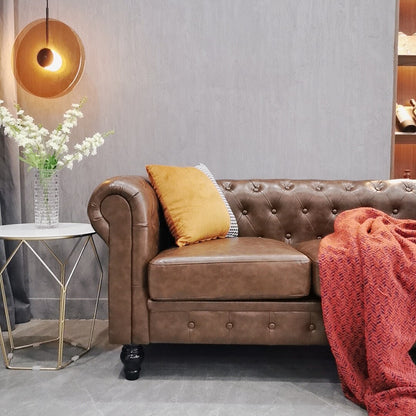 Button Tufted 3-seat Sofa Chesterfield Loveseat Leather Sofa for Living Room, Rolled Arms Couch with 4 Gourd Shaped Legs, Brown