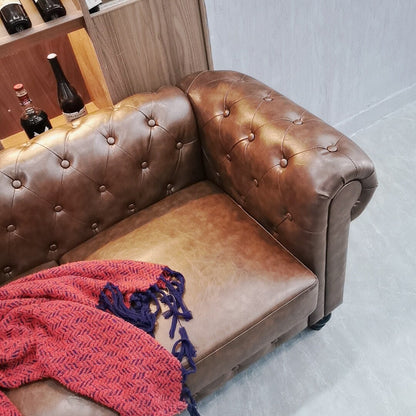 Button Tufted 3-seat Sofa Chesterfield Loveseat Leather Sofa for Living Room, Rolled Arms Couch with 4 Gourd Shaped Legs, Brown