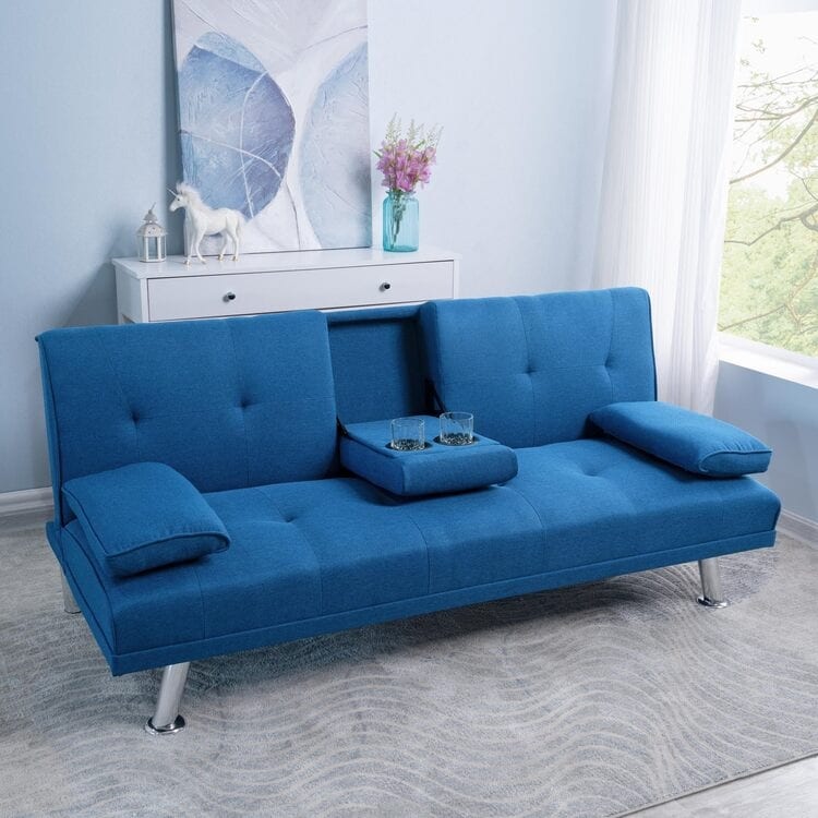 Ultimate Futon Sofa Collection: Futon Sofa with Armrest and Cupholders, Button Tufted Sofa with Wooden Legs