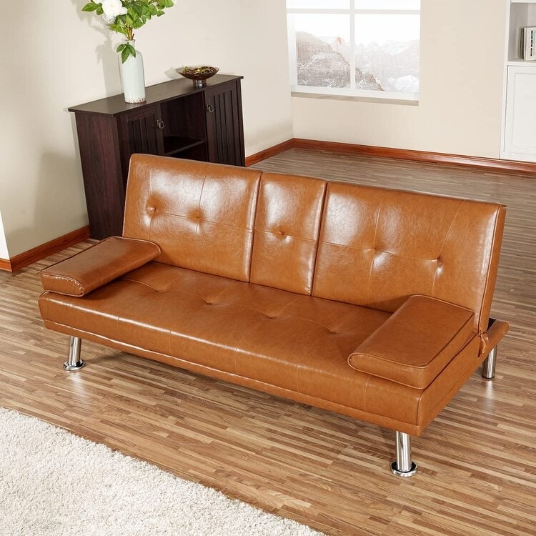 Ultimate Futon Sofa Collection: Futon Sofa with Armrest and Cupholders, Button Tufted Sofa with Wooden Legs