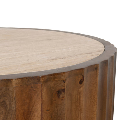 Avanti 89cm Travertine Top Round Coffee Table - Walnut