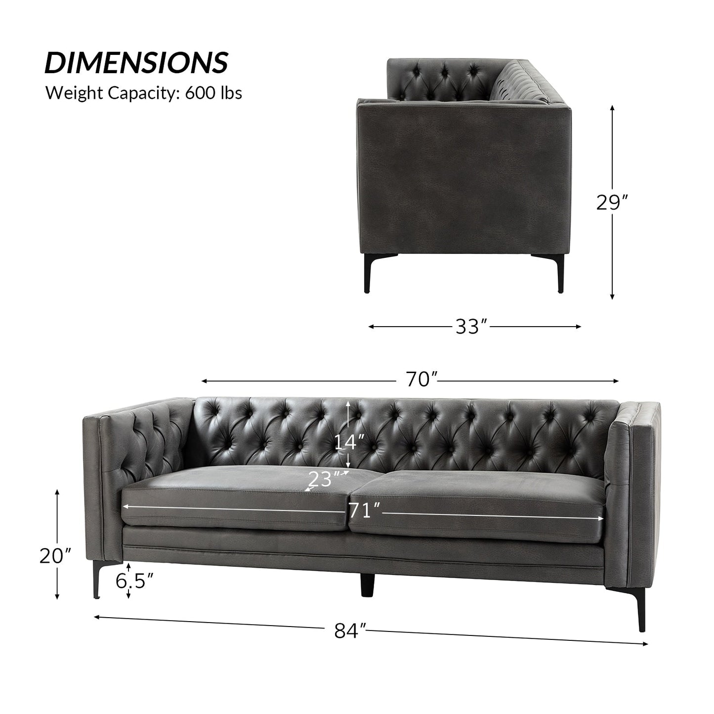 Calymne 84 Classic Square Arms Sofa with Button-Tufted Back by HULALA HOME