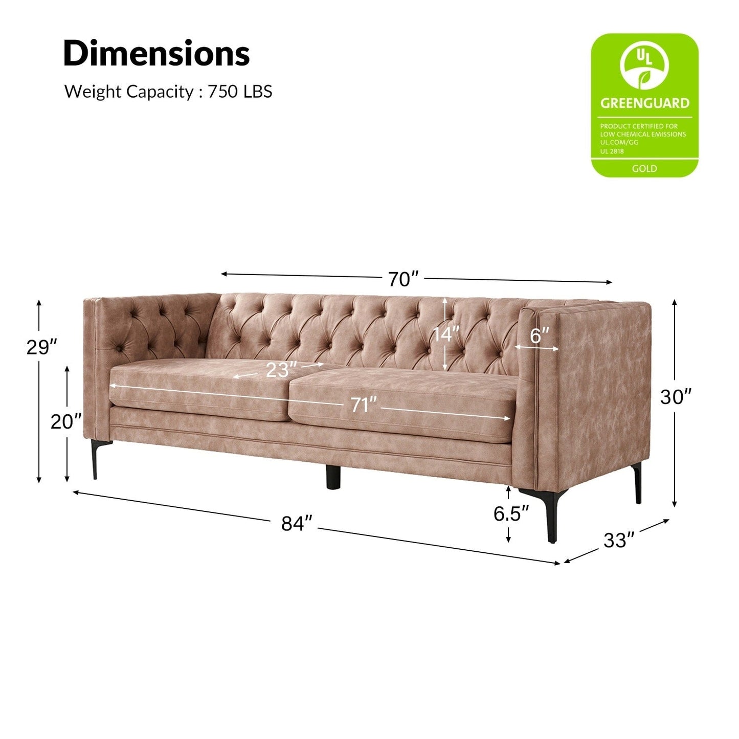 Calymne 84 Classic Square Arms Sofa with Button-Tufted Back by HULALA HOME