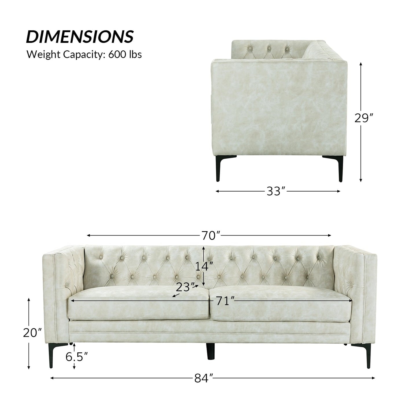 Calymne 84 Classic Square Arms Sofa with Button-Tufted Back by HULALA HOME