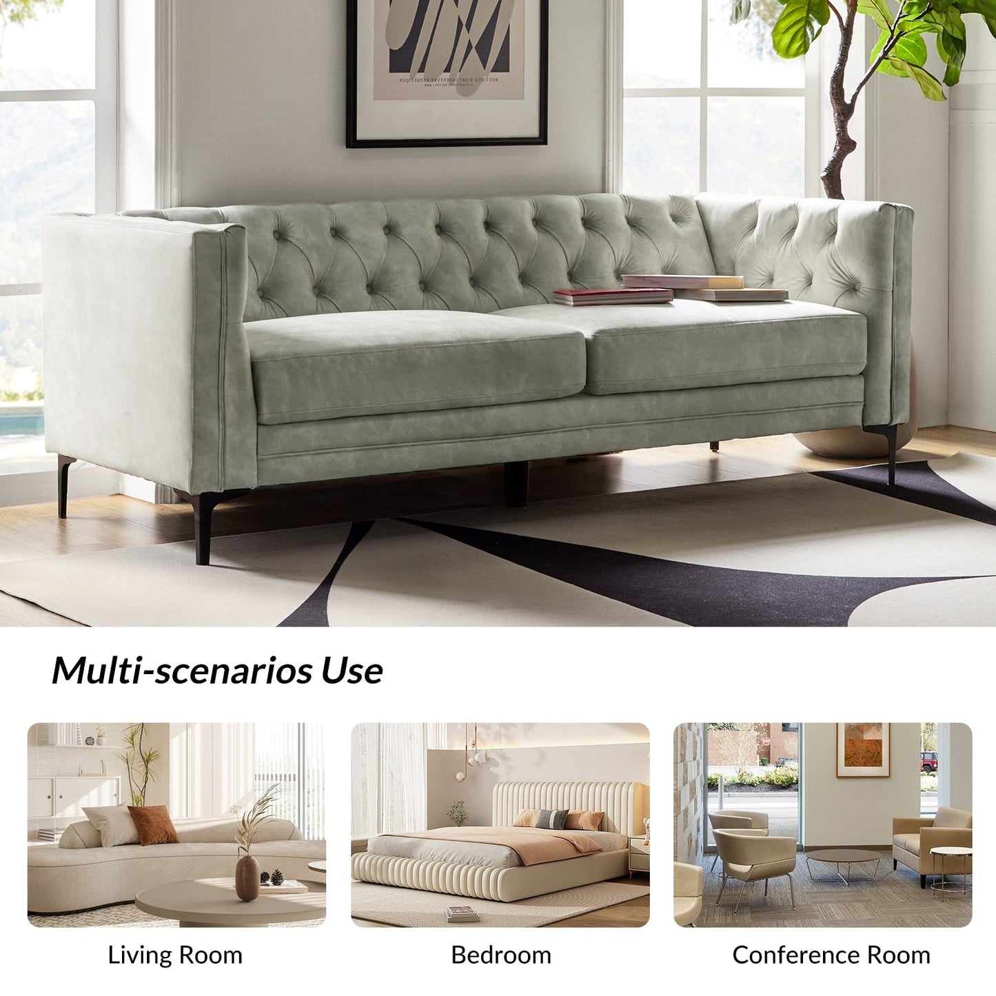 Calymne 84 Classic Square Arms Sofa with Button-Tufted Back by HULALA HOME