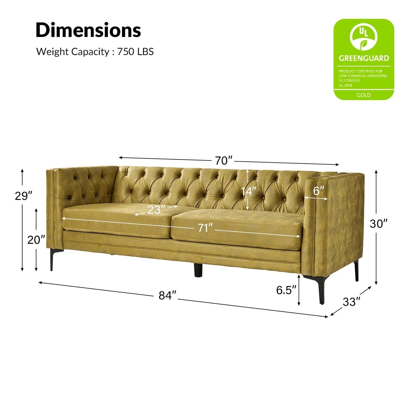 Calymne 84 Classic Square Arms Sofa with Button-Tufted Back by HULALA HOME