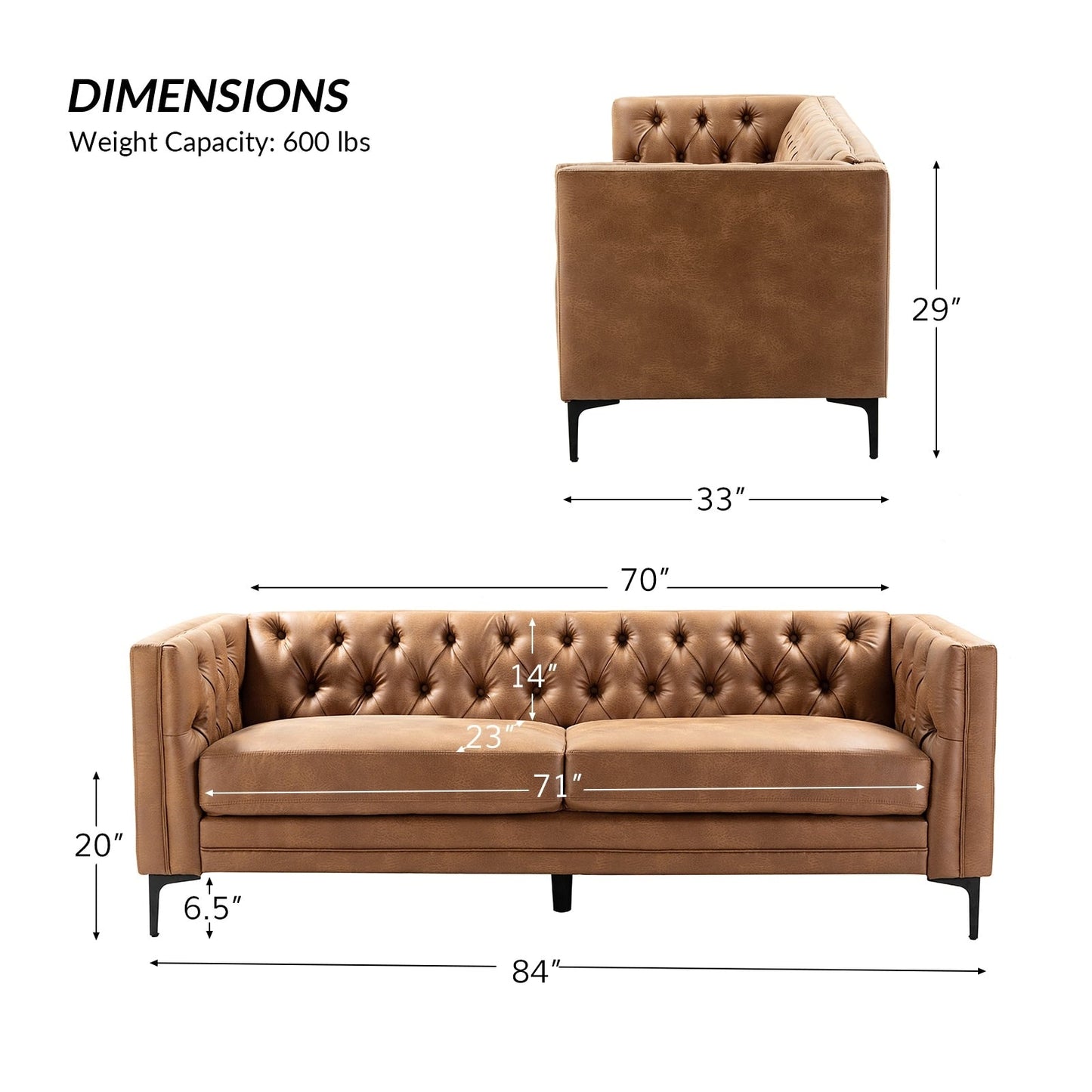 Calymne 84 Classic Square Arms Sofa with Button-Tufted Back by HULALA HOME
