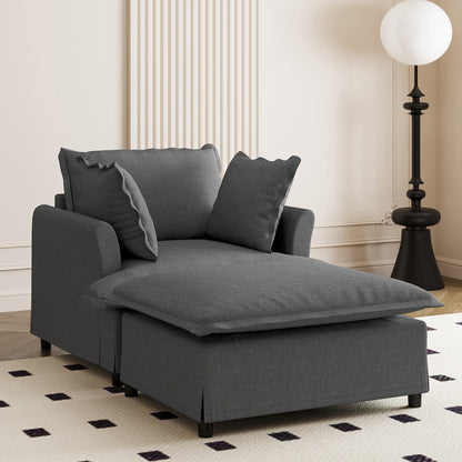 Chaise Lounge,Chenille Single Sofa Bed With Wide Seat,Upholstered Lazy Sleeper Armchair With Movable Ottoman,Reading Couch Set