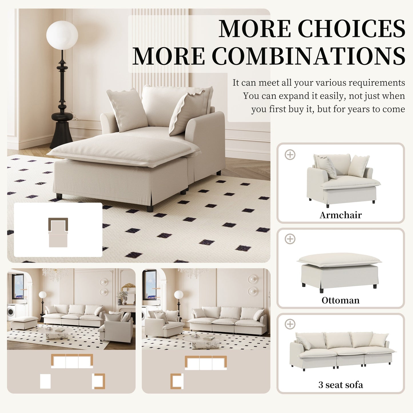 Chaise Lounge,Chenille Single Sofa Bed With Wide Seat,Upholstered Lazy Sleeper Armchair With Movable Ottoman,Reading Couch Set
