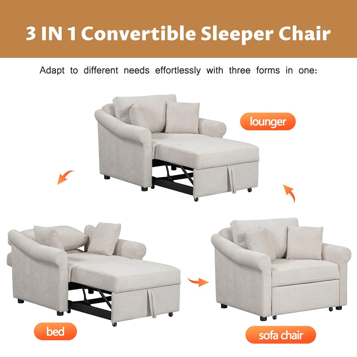 Chenille Convertible Sleeper Chair with Adjustable Backrest, 3 IN 1 Lounger Chair Turns Into Bed, Single Bed for Living Room