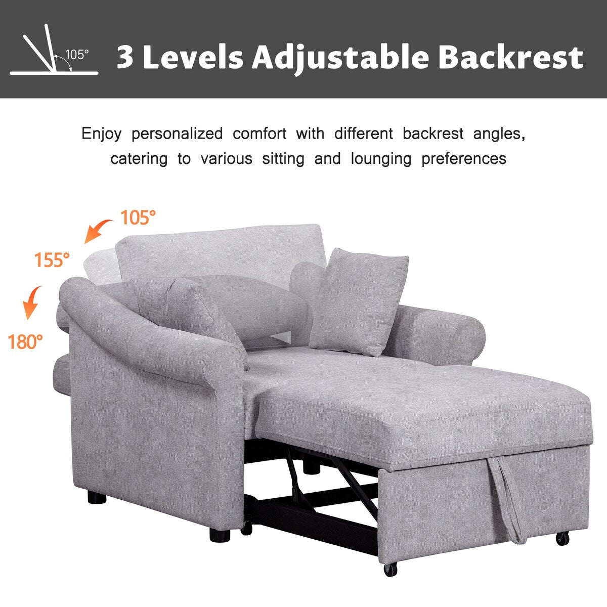 Chenille Convertible Sleeper Chair with Adjustable Backrest, 3 IN 1 Lounger Chair Turns Into Bed, Single Bed for Living Room