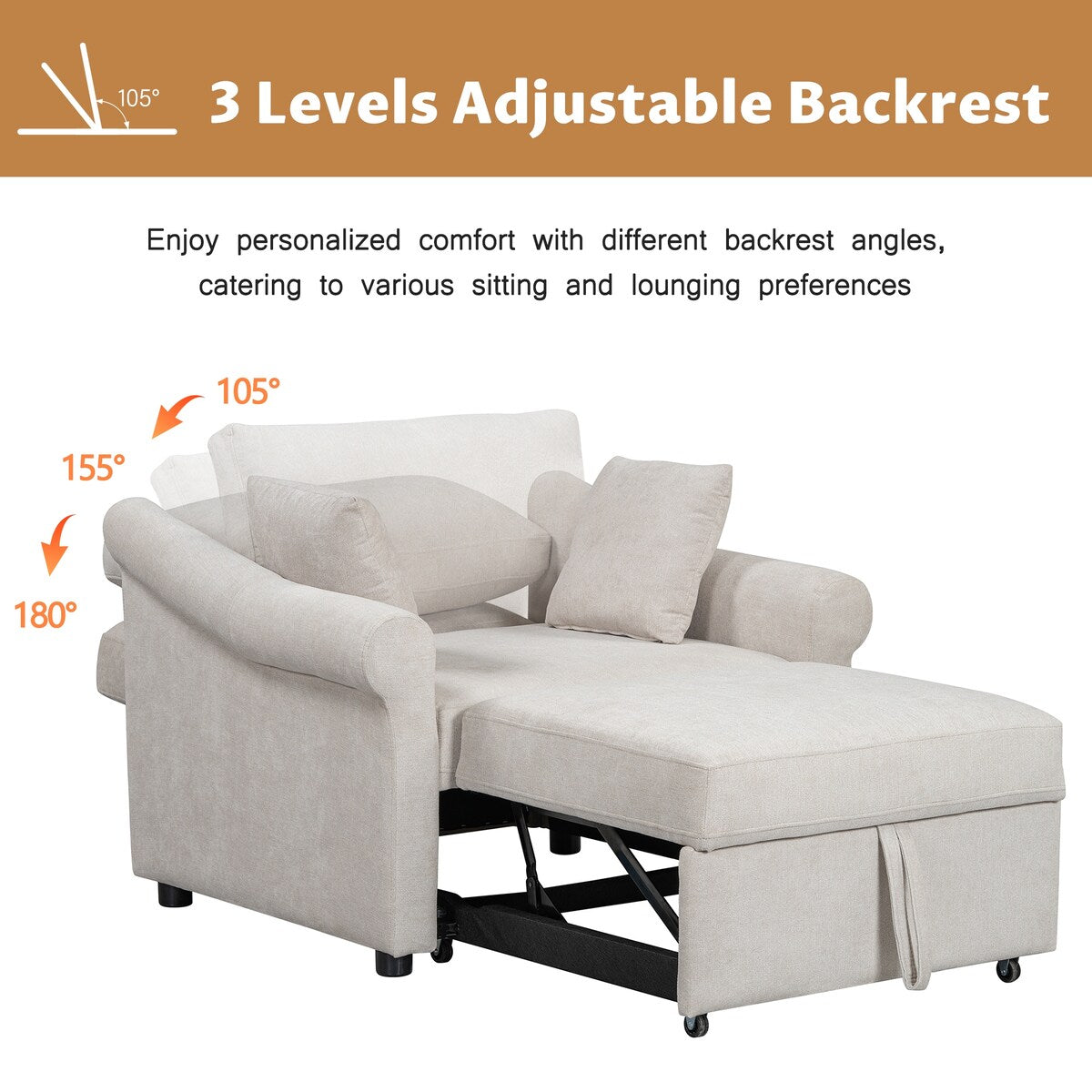 Chenille Convertible Sleeper Chair with Adjustable Backrest, 3 IN 1 Lounger Chair Turns Into Bed, Single Bed for Living Room