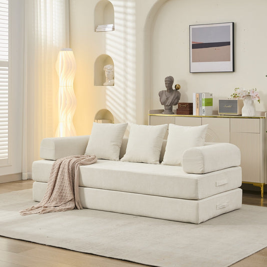 Chenille Floor Sofa Bed - Foldable Mattress Couch with Armrests, Convertible Lounge Chair for Living Room, Bedroom or Studio