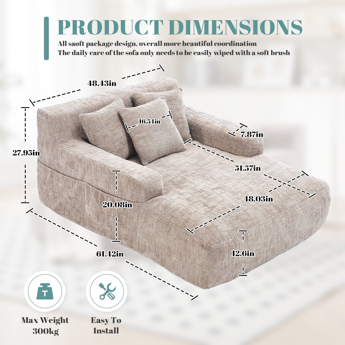 Chenille Lazy Sofa Chaise Lounge with Pillows - Convertible Armchair with Armrests, Multi-Position Sleeper for Living Room
