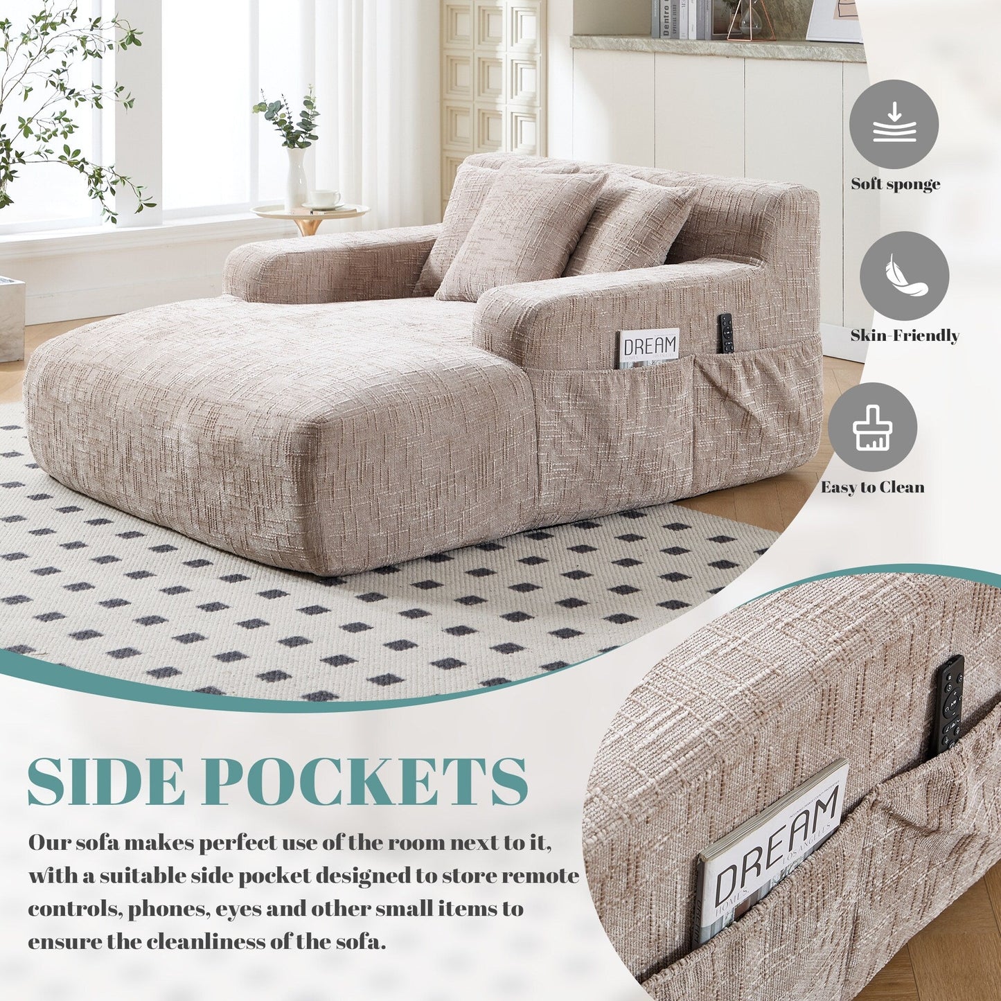 Chenille Lazy Sofa Chaise Lounge with Pillows - Convertible Armchair with Armrests, Multi-Position Sleeper for Living Room