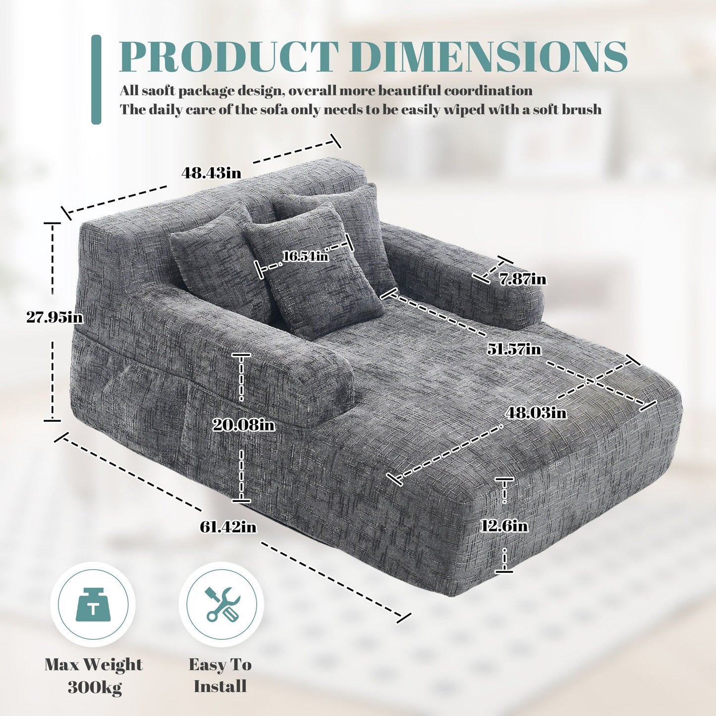 Chenille Lazy Sofa Chaise Lounge with Pillows - Convertible Armchair with Armrests, Multi-Position Sleeper for Living Room