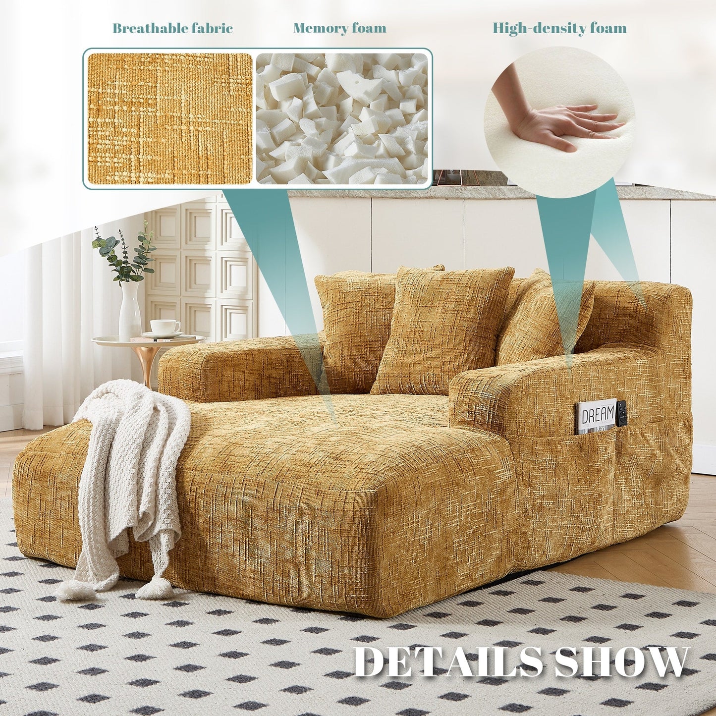 Chenille Lazy Sofa Chaise Lounge with Pillows - Convertible Armchair with Armrests, Multi-Position Sleeper for Living Room