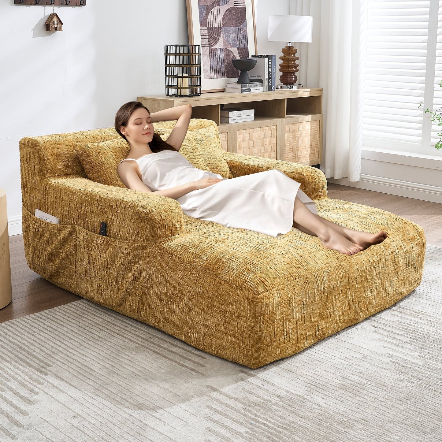 Chenille Lazy Sofa Chaise Lounge with Pillows - Convertible Armchair with Armrests, Multi-Position Sleeper for Living Room