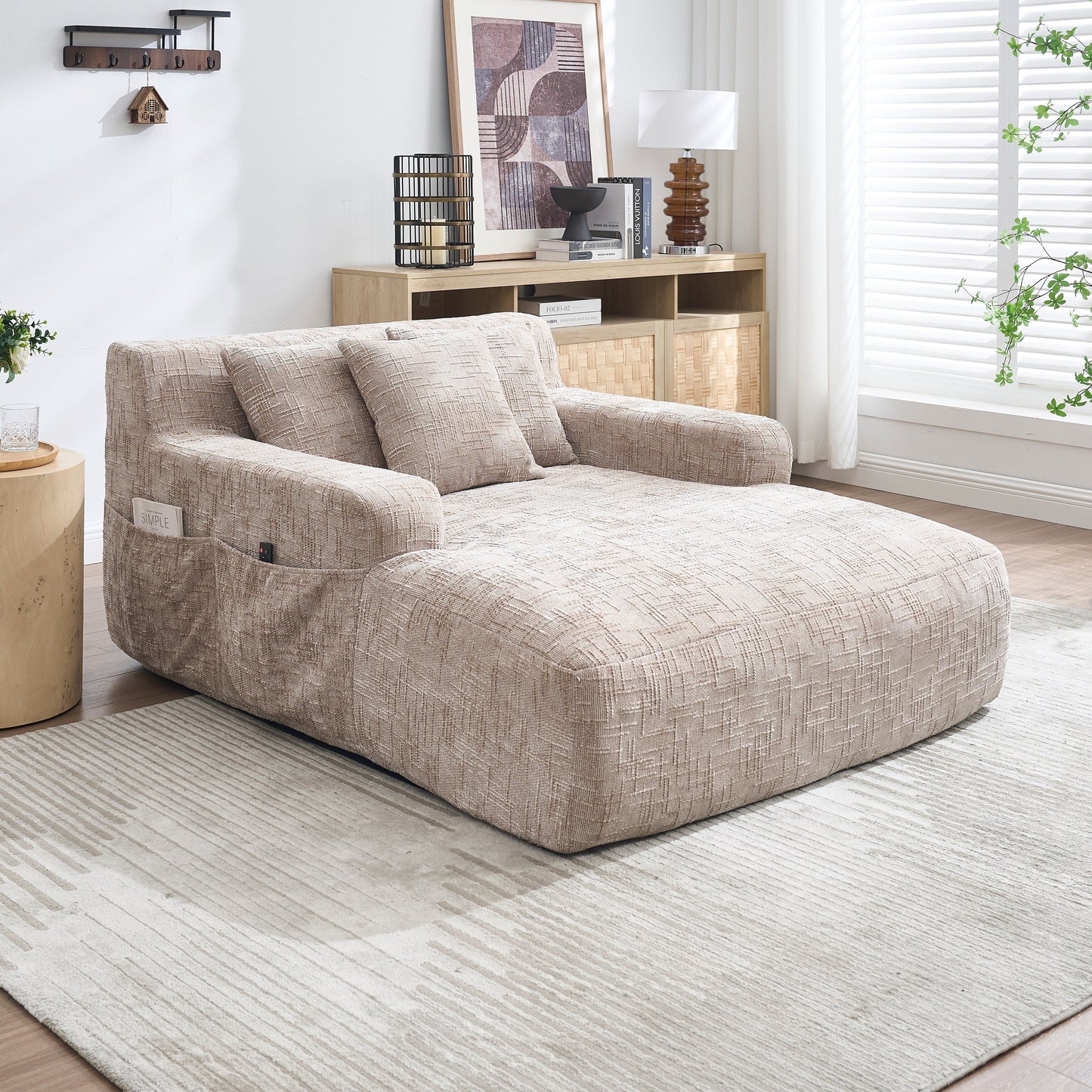 Chenille Lazy Sofa Chaise Lounge with Pillows - Convertible Armchair with Armrests, Multi-Position Sleeper for Living Room