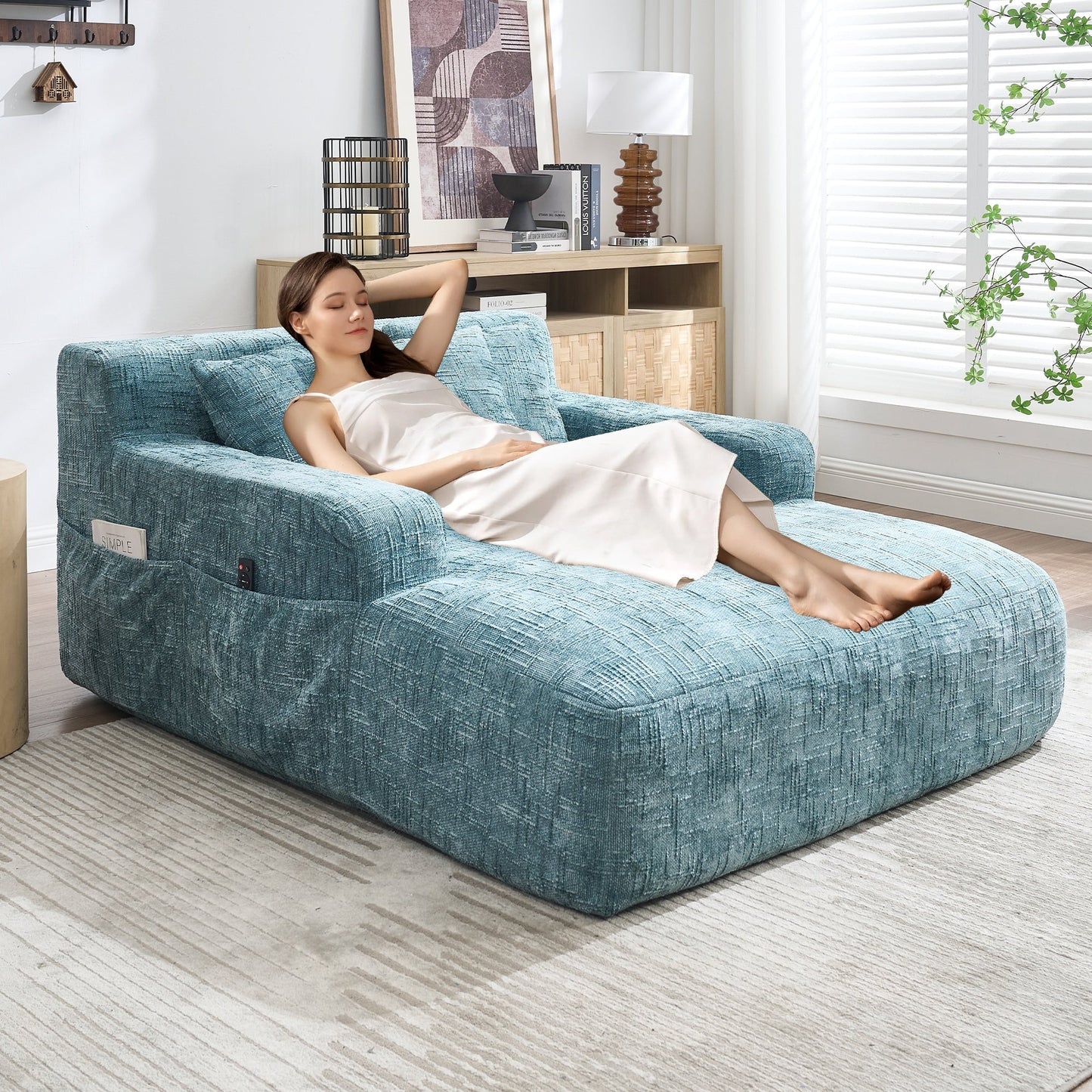Chenille Lazy Sofa Chaise Lounge with Pillows - Convertible Armchair with Armrests, Multi-Position Sleeper for Living Room