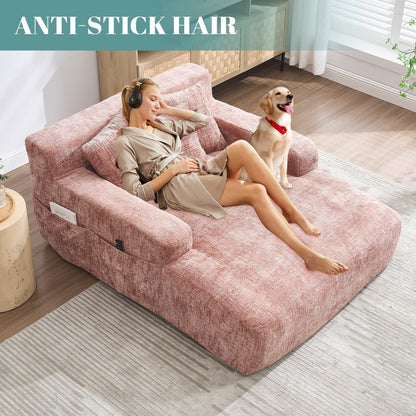 Chenille Lazy Sofa Chaise Lounge with Pillows - Convertible Armchair with Armrests, Multi-Position Sleeper for Living Room
