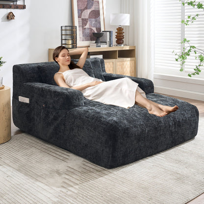 Chenille Lazy Sofa Chaise Lounge with Pillows - Convertible Armchair with Armrests, Multi-Position Sleeper for Living Room