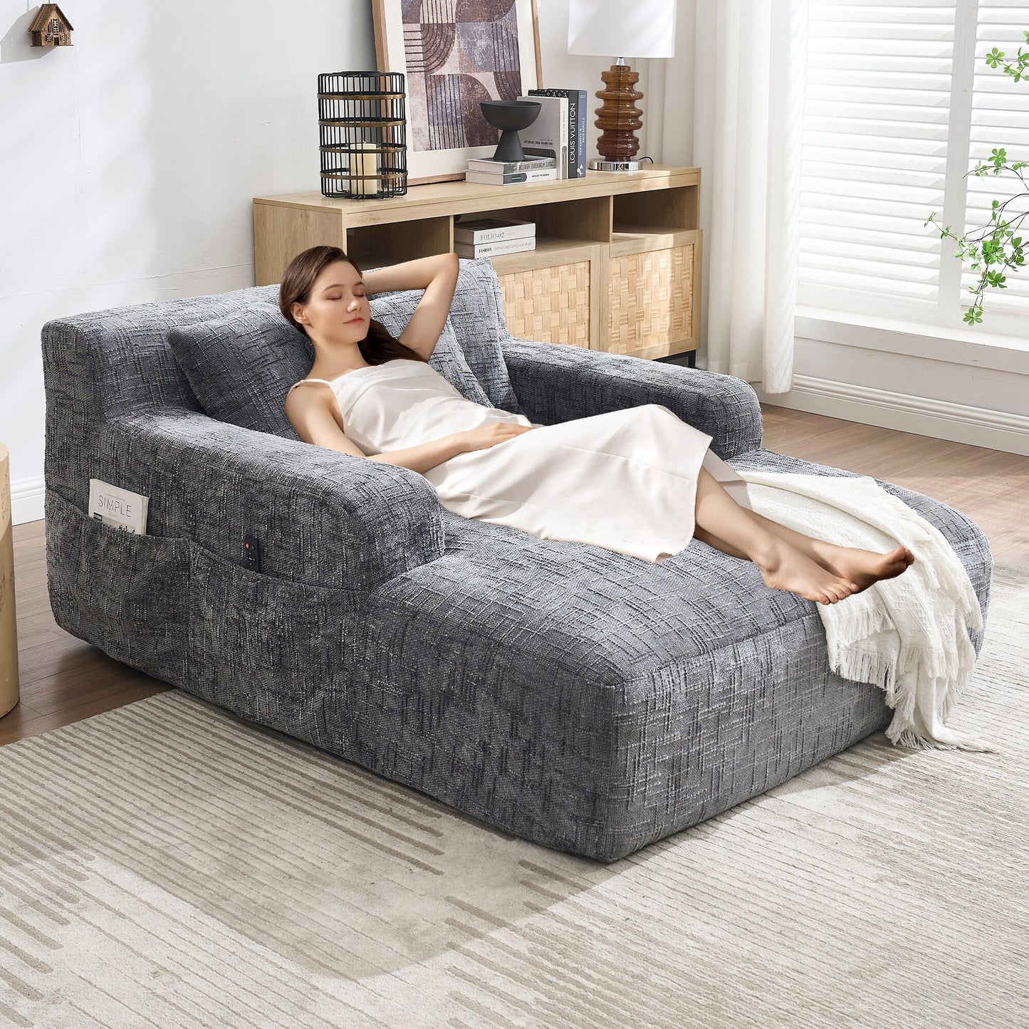 Chenille Lazy Sofa Chaise Lounge with Pillows - Convertible Armchair with Armrests, Multi-Position Sleeper for Living Room