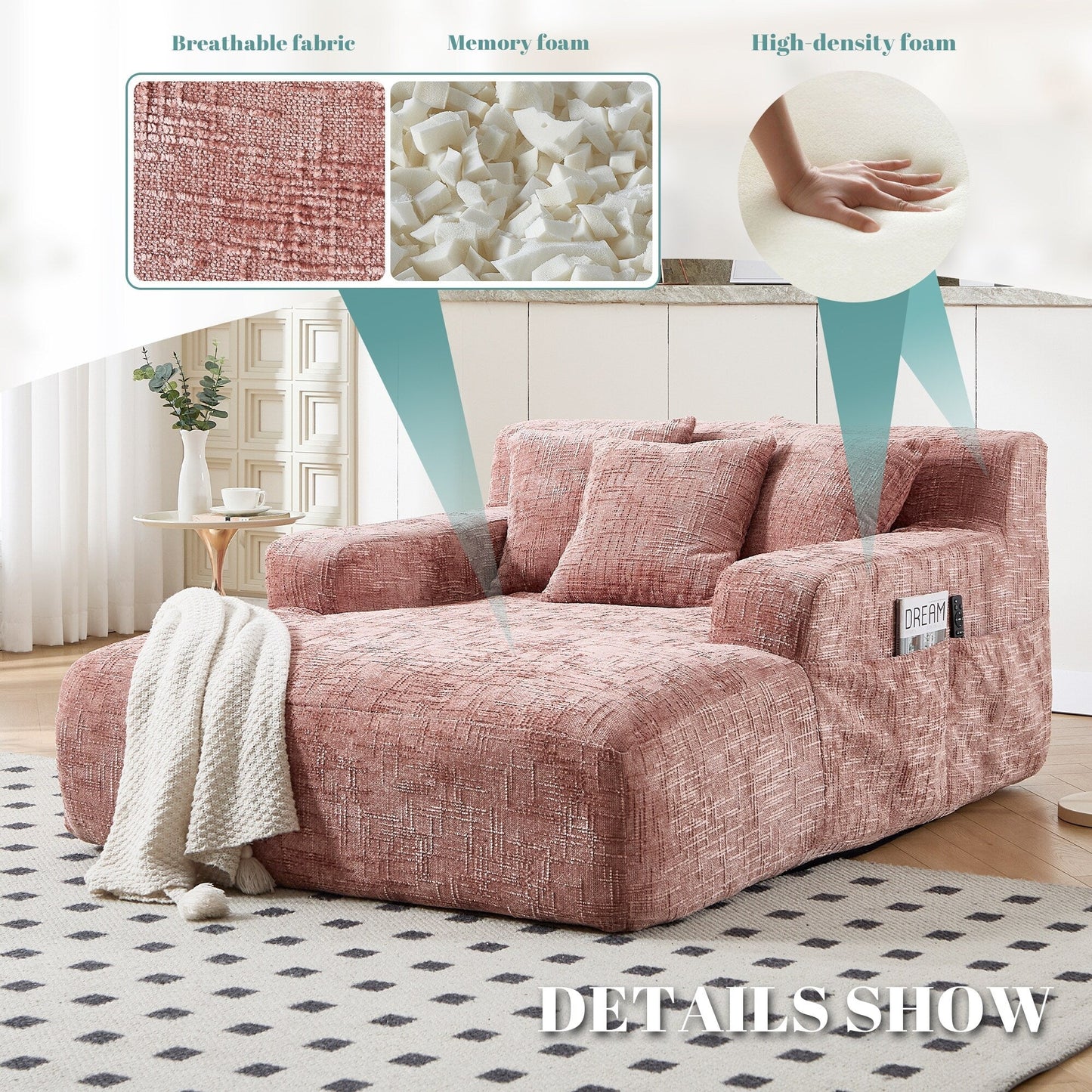 Chenille Lazy Sofa Chaise Lounge with Pillows - Convertible Armchair with Armrests, Multi-Position Sleeper for Living Room