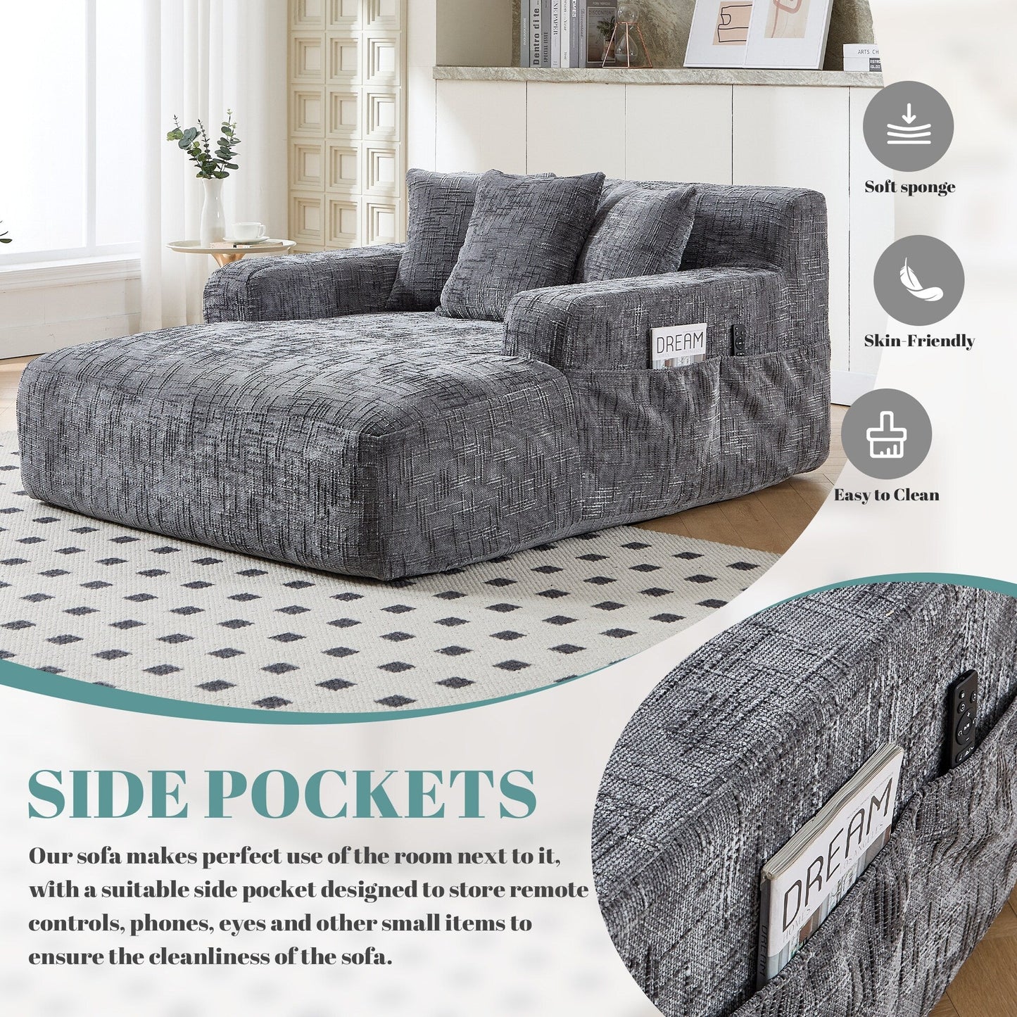 Chenille Lazy Sofa Chaise Lounge with Pillows - Convertible Armchair with Armrests, Multi-Position Sleeper for Living Room
