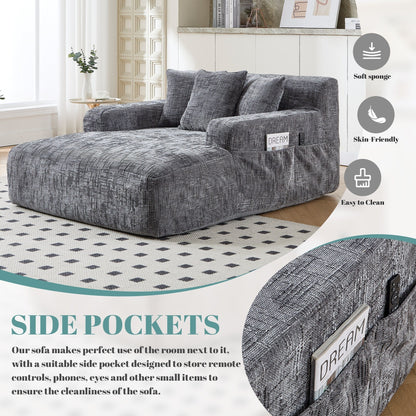 Chenille Lazy Sofa Chaise Lounge with Pillows - Convertible Armchair with Armrests, Multi-Position Sleeper for Living Room