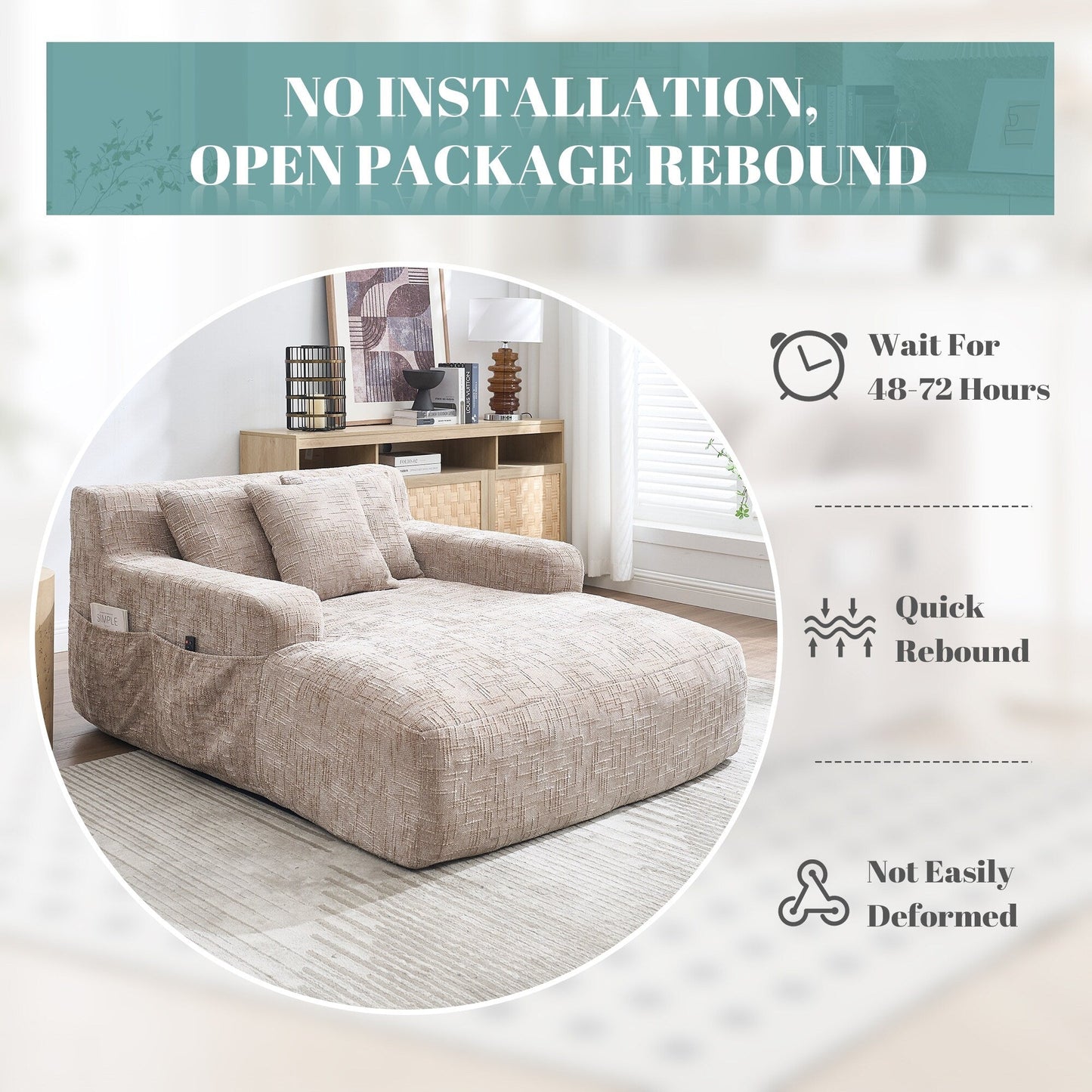 Chenille Lazy Sofa Chaise Lounge with Pillows - Convertible Armchair with Armrests, Multi-Position Sleeper for Living Room