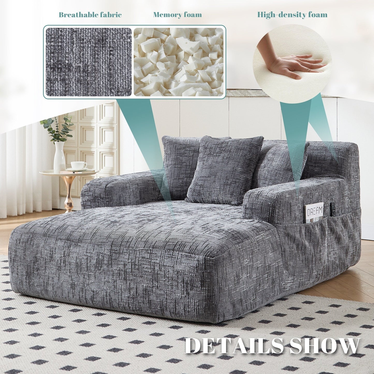 Chenille Lazy Sofa Chaise Lounge with Pillows - Convertible Armchair with Armrests, Multi-Position Sleeper for Living Room