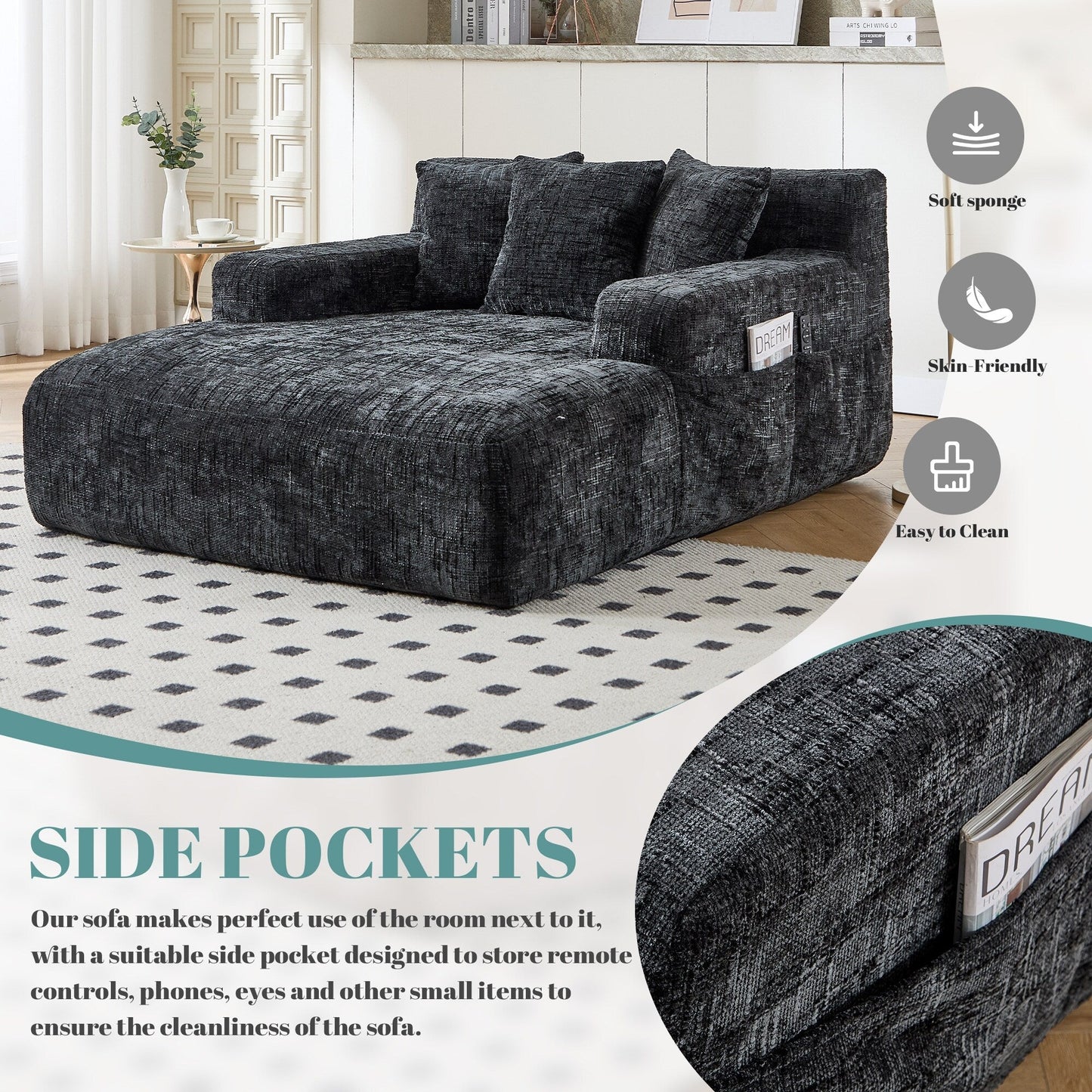 Chenille Lazy Sofa Chaise Lounge with Pillows - Convertible Armchair with Armrests, Multi-Position Sleeper for Living Room