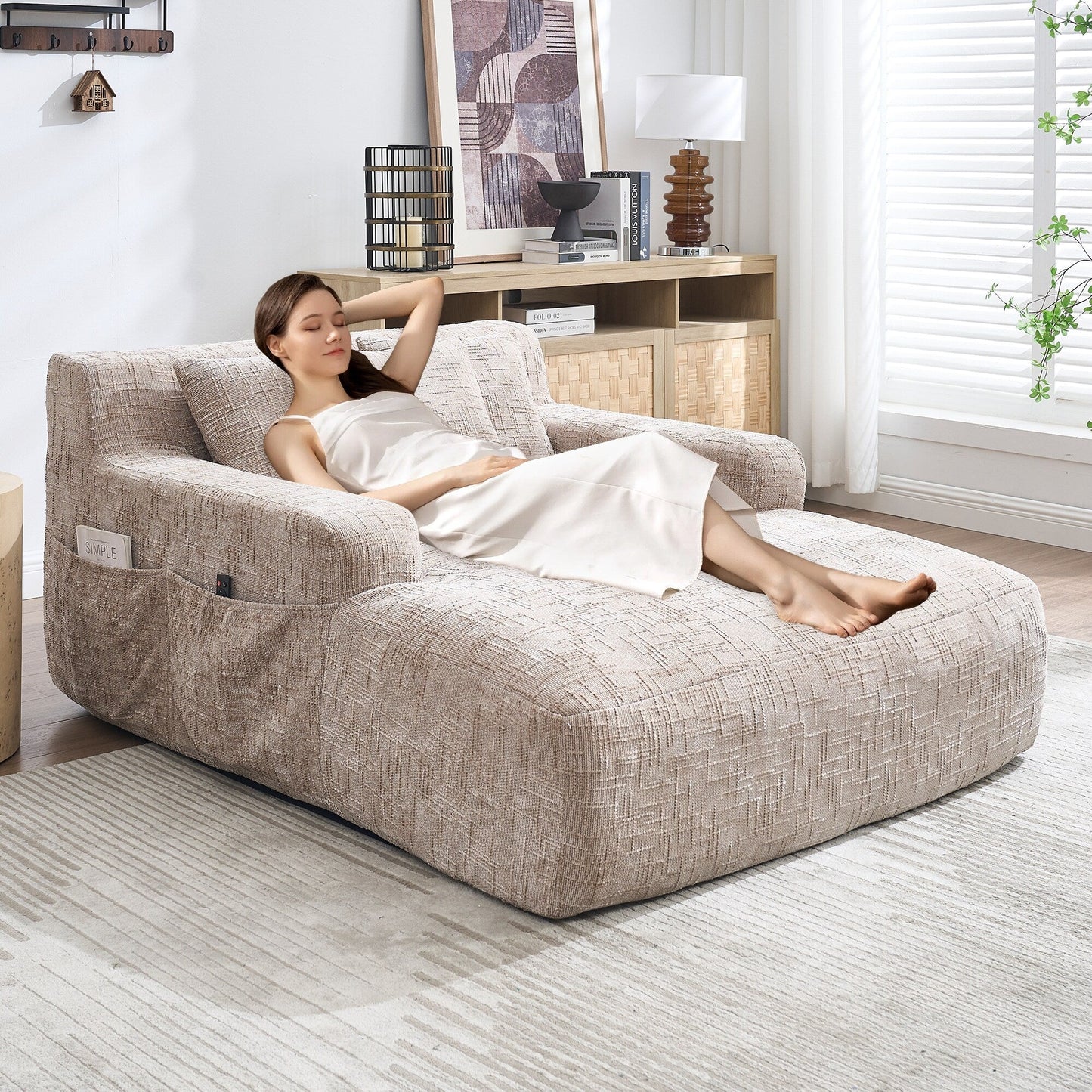 Chenille Lazy Sofa Chaise Lounge with Pillows - Convertible Armchair with Armrests, Multi-Position Sleeper for Living Room