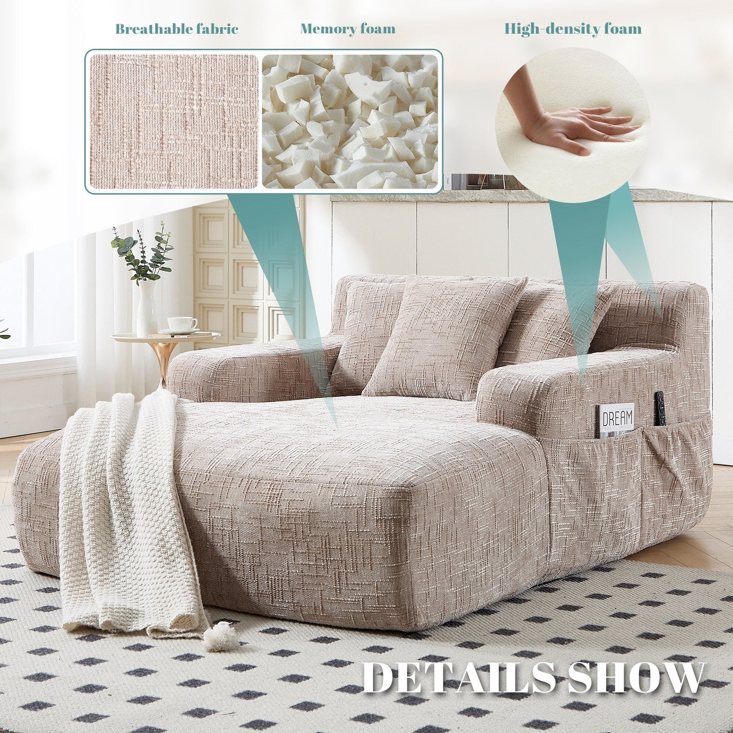Chenille Lazy Sofa Chaise Lounge with Pillows - Convertible Armchair with Armrests, Multi-Position Sleeper for Living Room