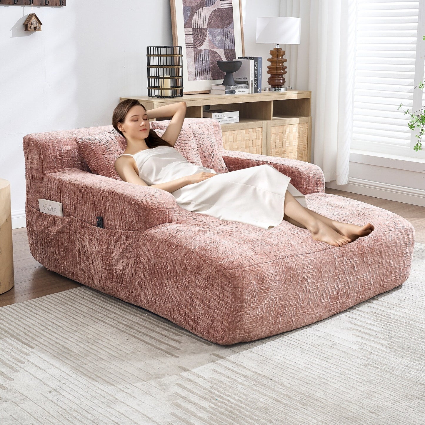 Chenille Lazy Sofa Chaise Lounge with Pillows - Convertible Armchair with Armrests, Multi-Position Sleeper for Living Room