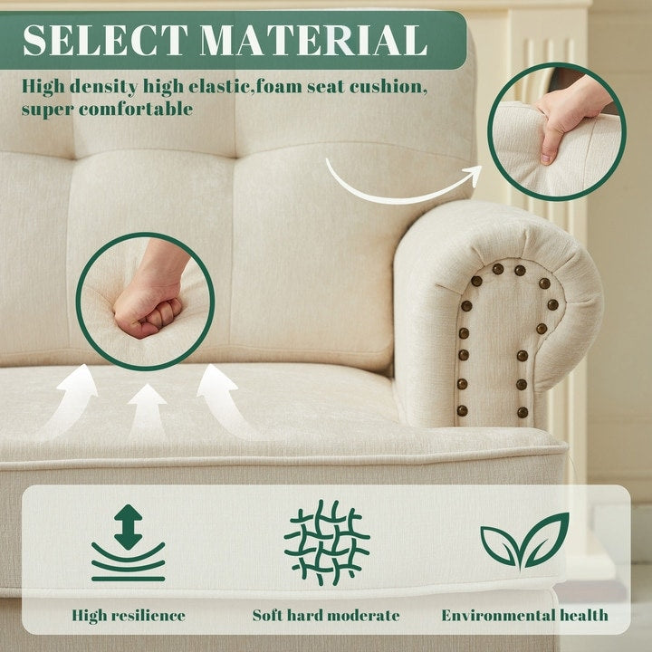Set of 3 Chenille Sofa Set for Living Room, Button-Tufted & Nailhead Upholstery, Solid Rubberwood Legs