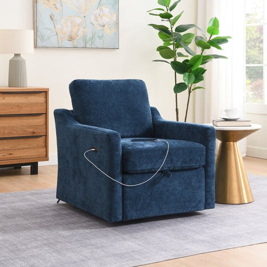 Chenille Swivel Accent Chair - USB/Type-C Charging Armchair with Book Pocket for Living Room & Bedroom