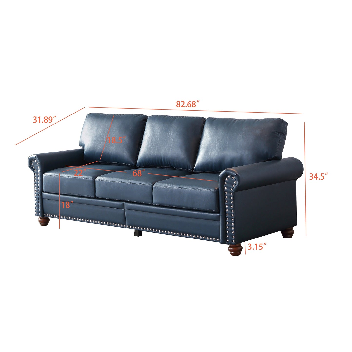 Classic 83 PU Leather Upholstered 3-Seater Sofa with Bottom Storage Box and Nailhead Decoration