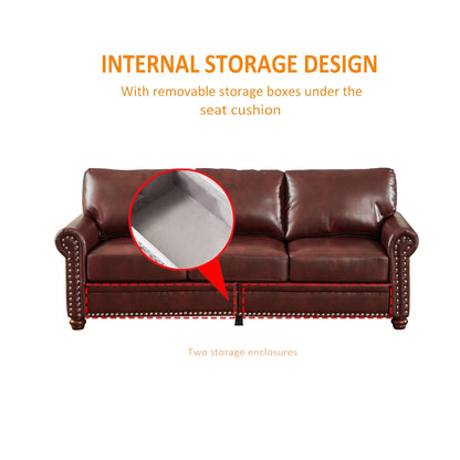 Classic 83 PU Leather Upholstered 3-Seater Sofa with Bottom Storage Box and Nailhead Decoration