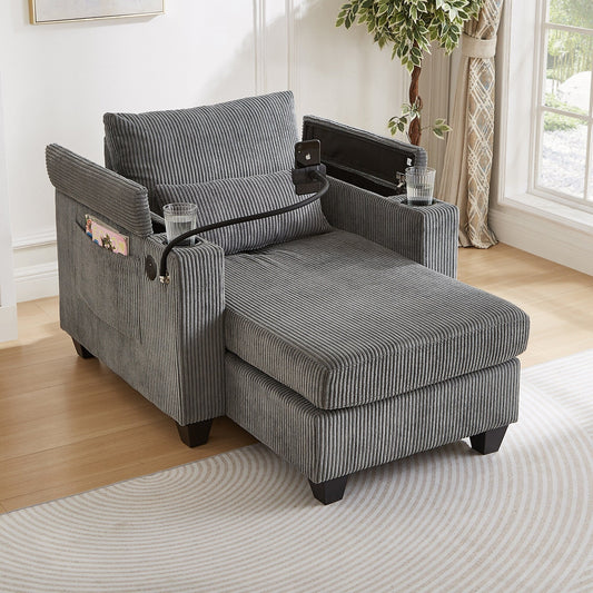 Convertible Chaise Lounge 37.4 Sofa Chair Sofa Bed Corduroy Sleeper Sofa with USB Ports, Two Cup Holders