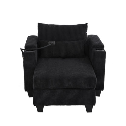 Convertible Chaise Lounge 37.4 Sofa Chair Sofa Bed Corduroy Sleeper Sofa with USB Ports, Two Cup Holders
