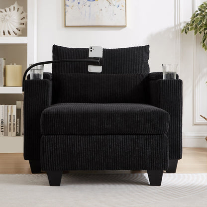 Convertible Chaise Lounge 37.4 Sofa Chair Sofa Bed Corduroy Sleeper Sofa with USB Ports, Two Cup Holders