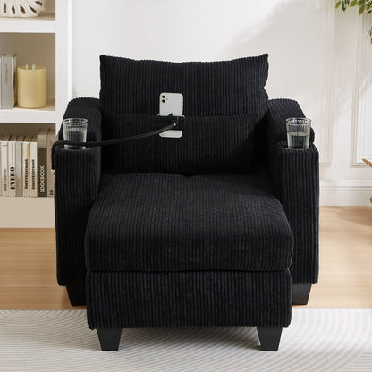 Convertible Chaise Lounge 37.4 Sofa Chair Sofa Bed Corduroy Sleeper Sofa with USB Ports, Two Cup Holders