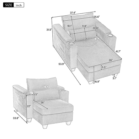 Convertible Chaise Lounge 37.4 Sofa Chair Sofa Bed Corduroy Sleeper Sofa with USB Ports, Two Cup Holders