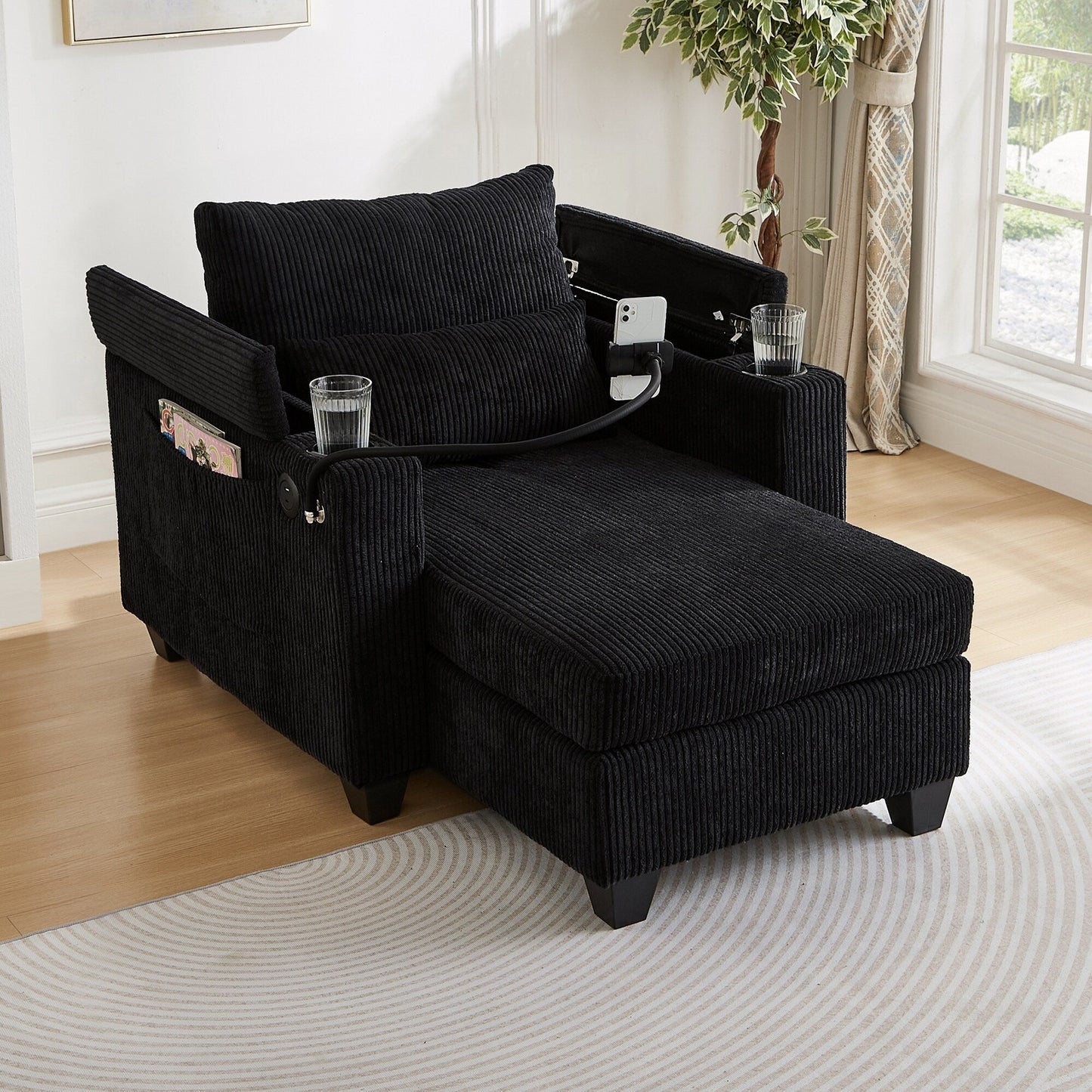 Convertible Chaise Lounge 37.4 Sofa Chair Sofa Bed Corduroy Sleeper Sofa with USB Ports, Two Cup Holders
